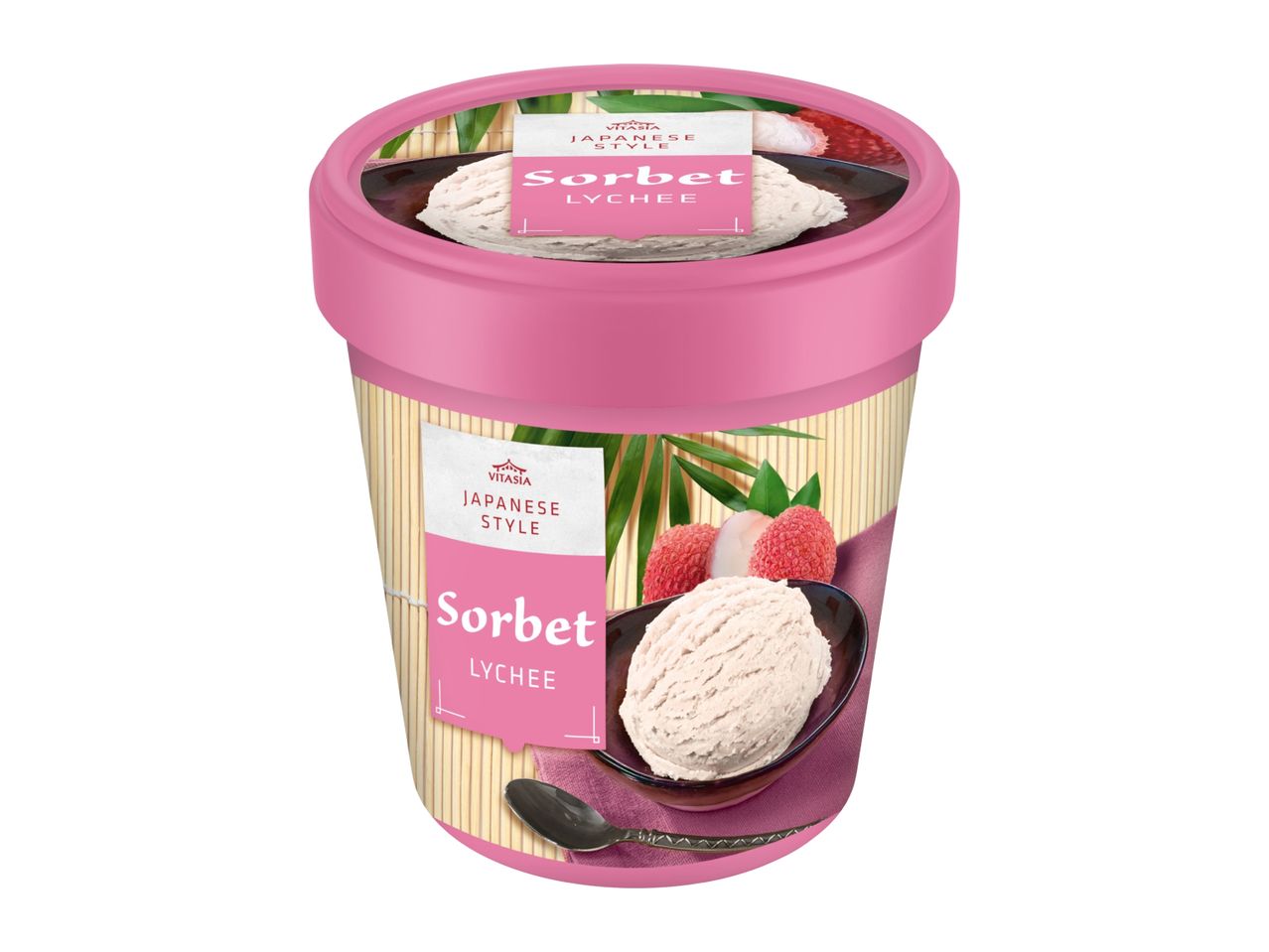 Lychee sorbet in a pink tub with a Japanese style design.