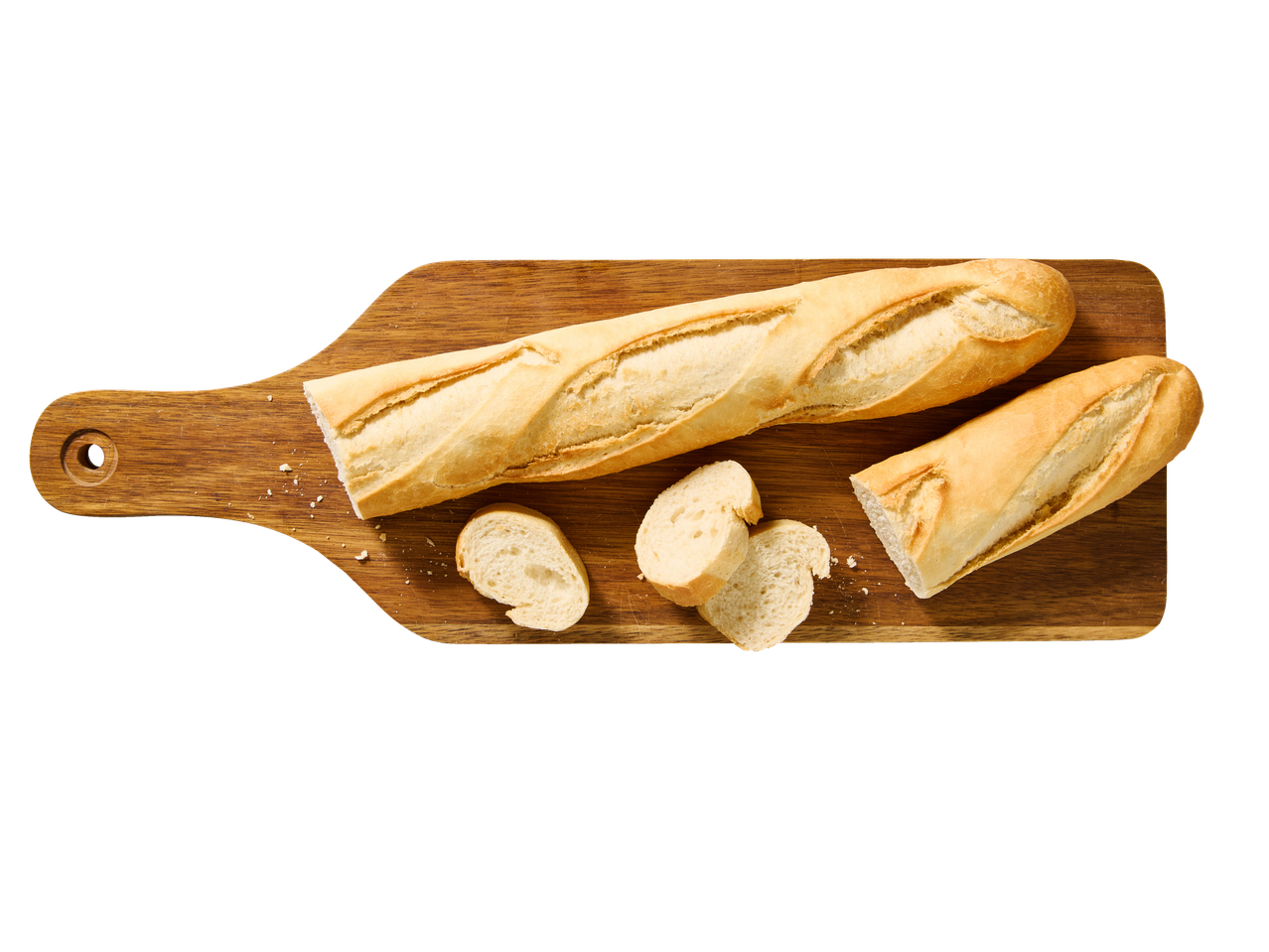 Baghetă franțuzească feliată pe un tocător de lemn