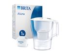 Water filter jug with a filter cartridge and product packaging.