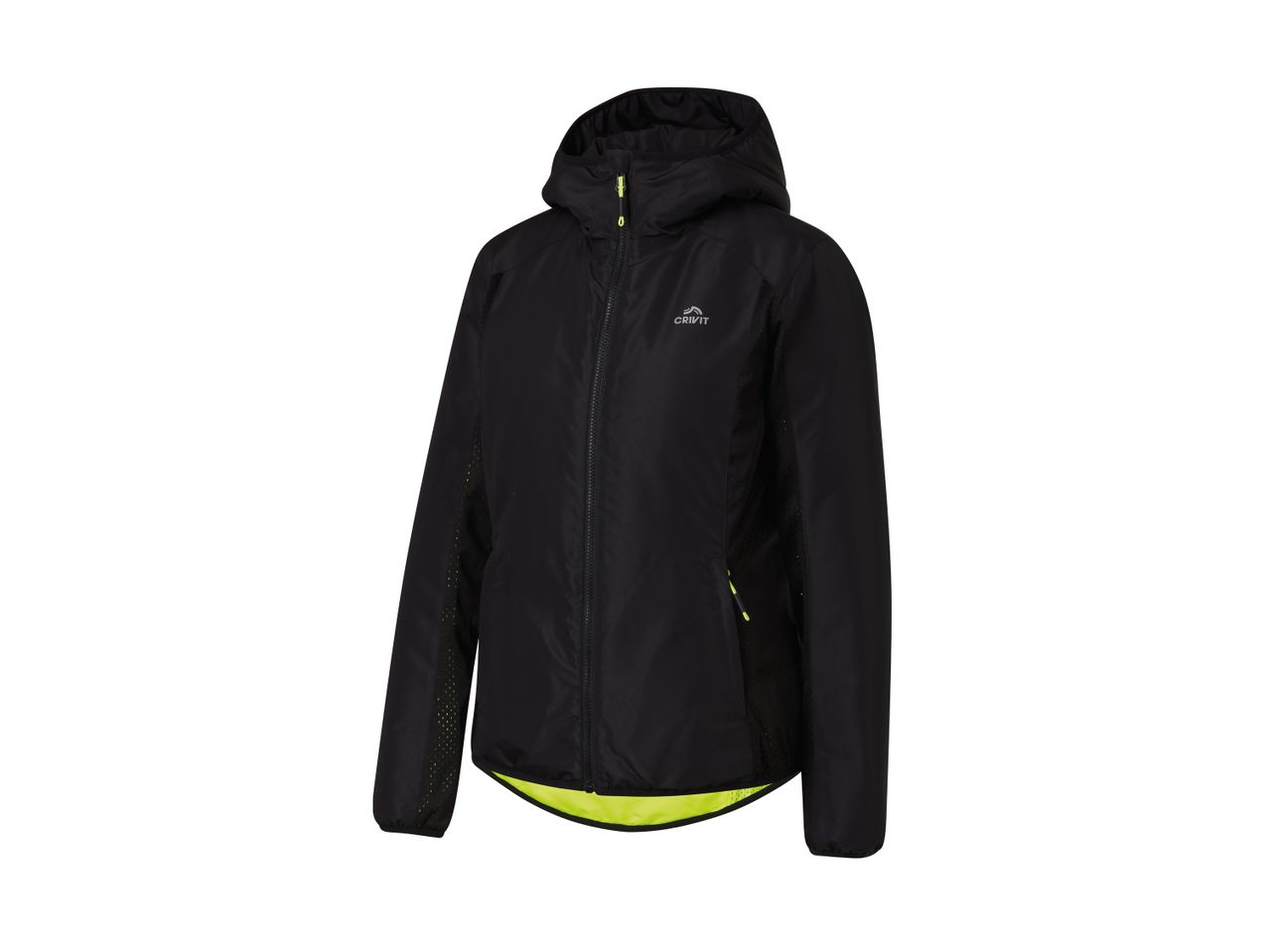 A black Crivit women's hooded jacket with neon yellow accents.