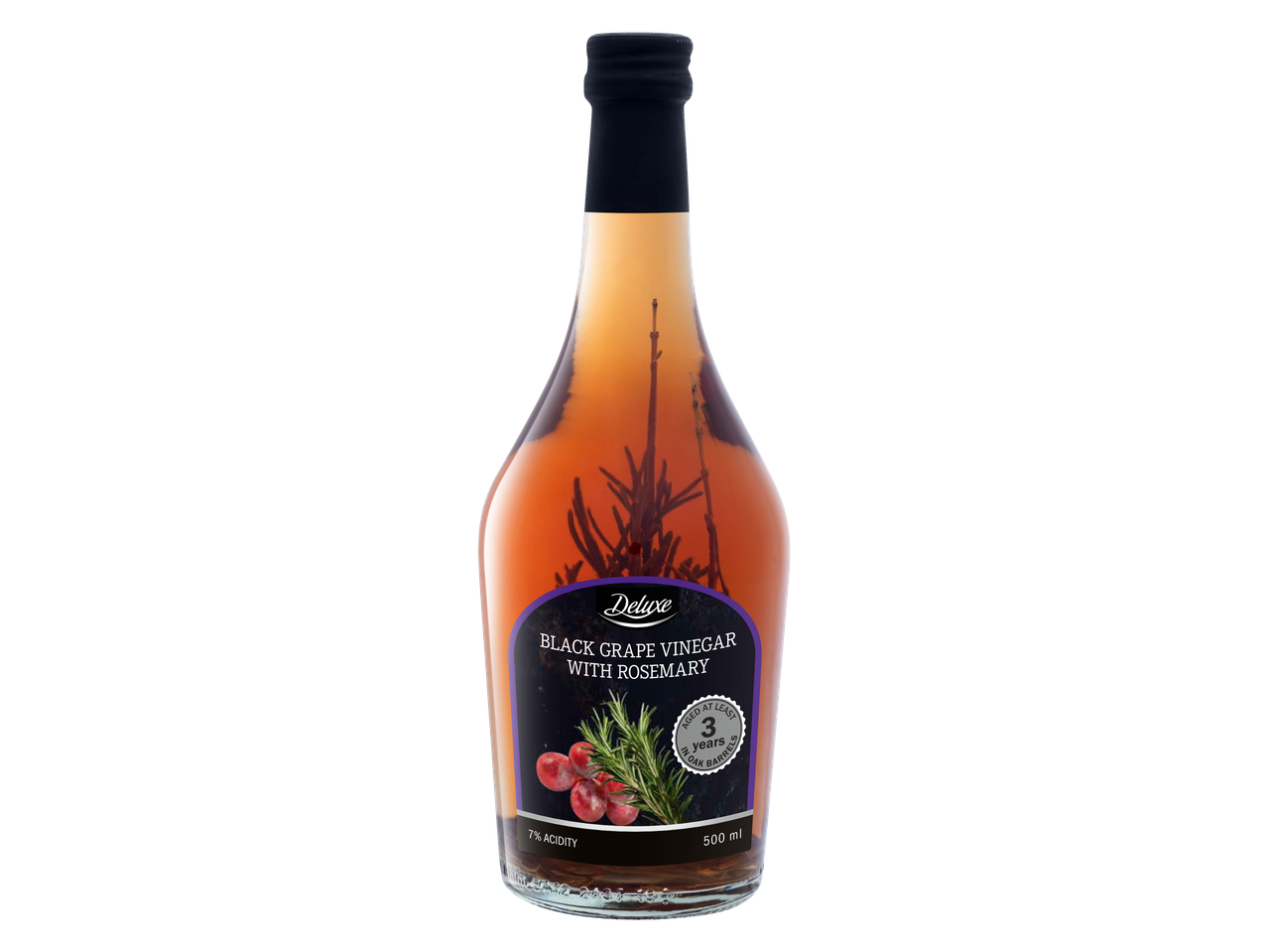 DELUXE melno vīnogu etiķis ar rozmarīnu, izturēts ozolkoka mucās vismaz 3 gadus.