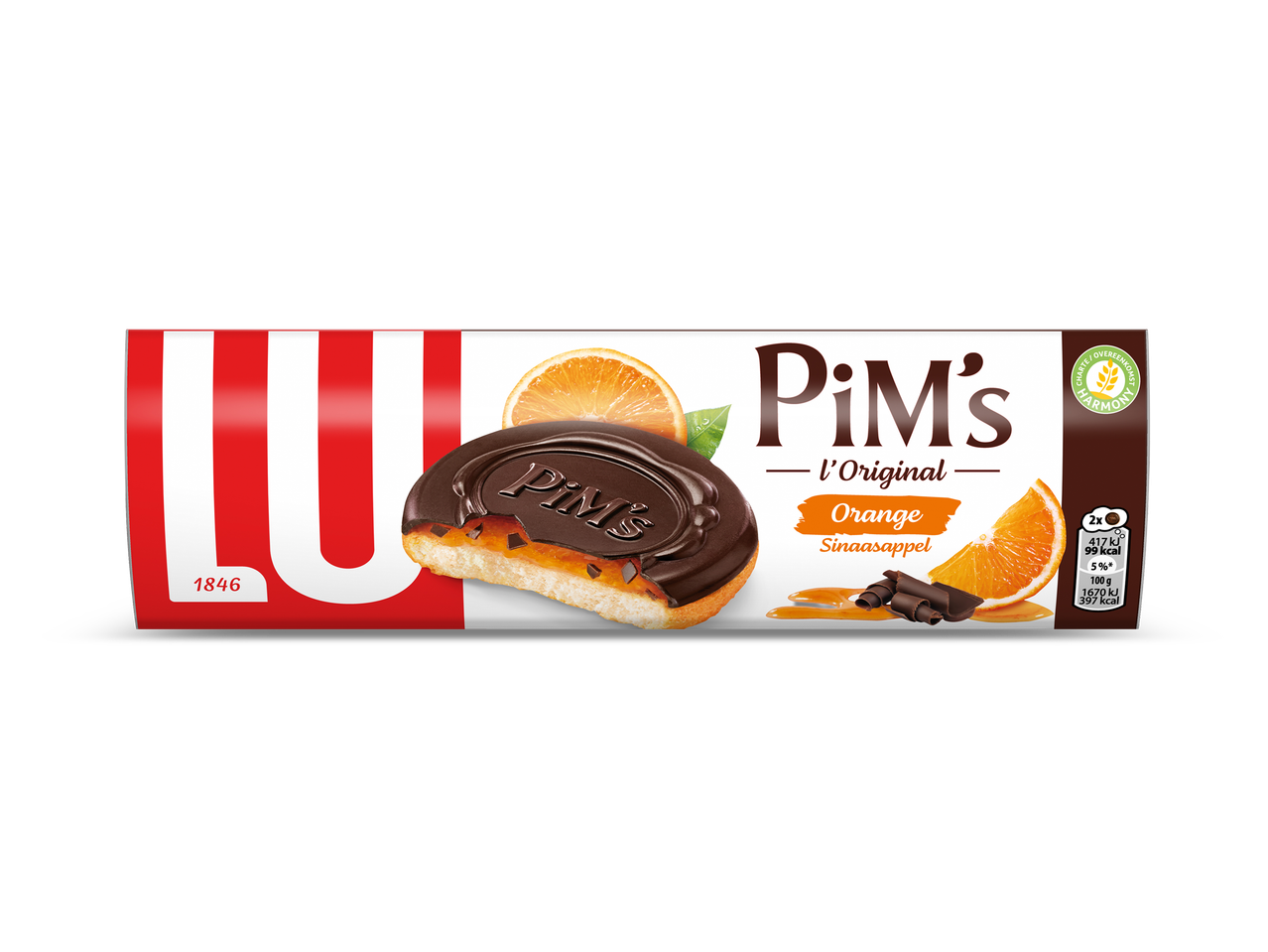 Een verpakking zachte biscuitjes met sinaasappelvulling en een laagje chocolade.
