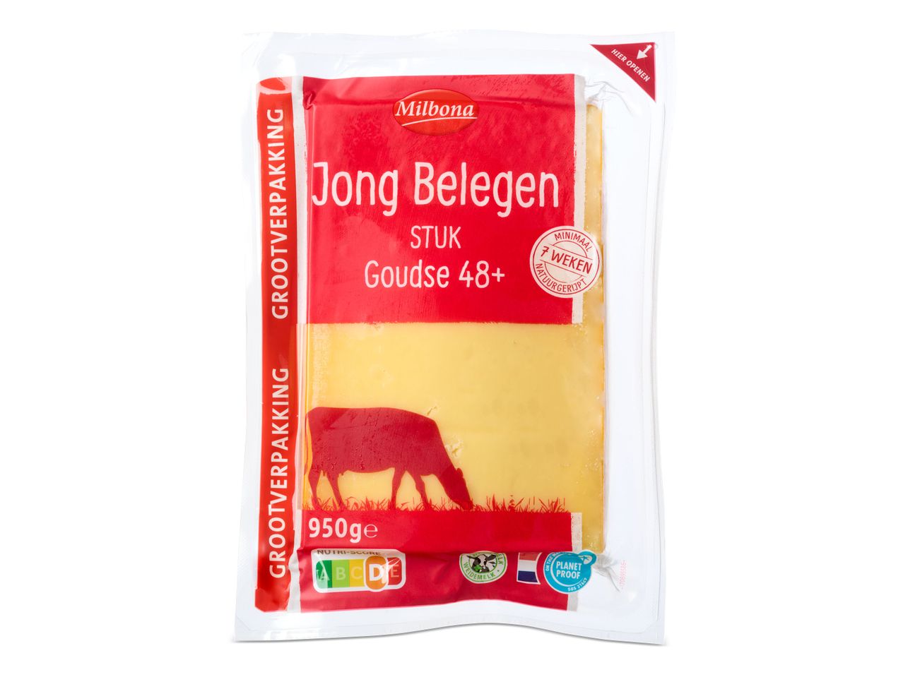 Milbona Jong Belegen Gouda 48+ kaas, 950g.
