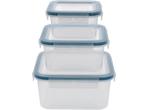Conjunto de recipientes para alimentos SILVERCREST empilhados com tampas azuis.