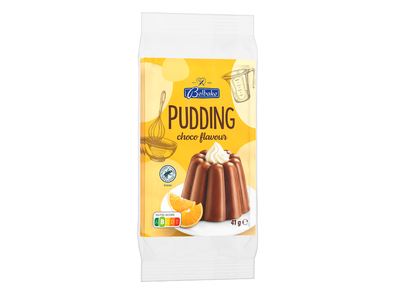 Опаковка за шоколадов пудинг с надпис „Pudding choco flavour“, Nutri-Score A и 41g.