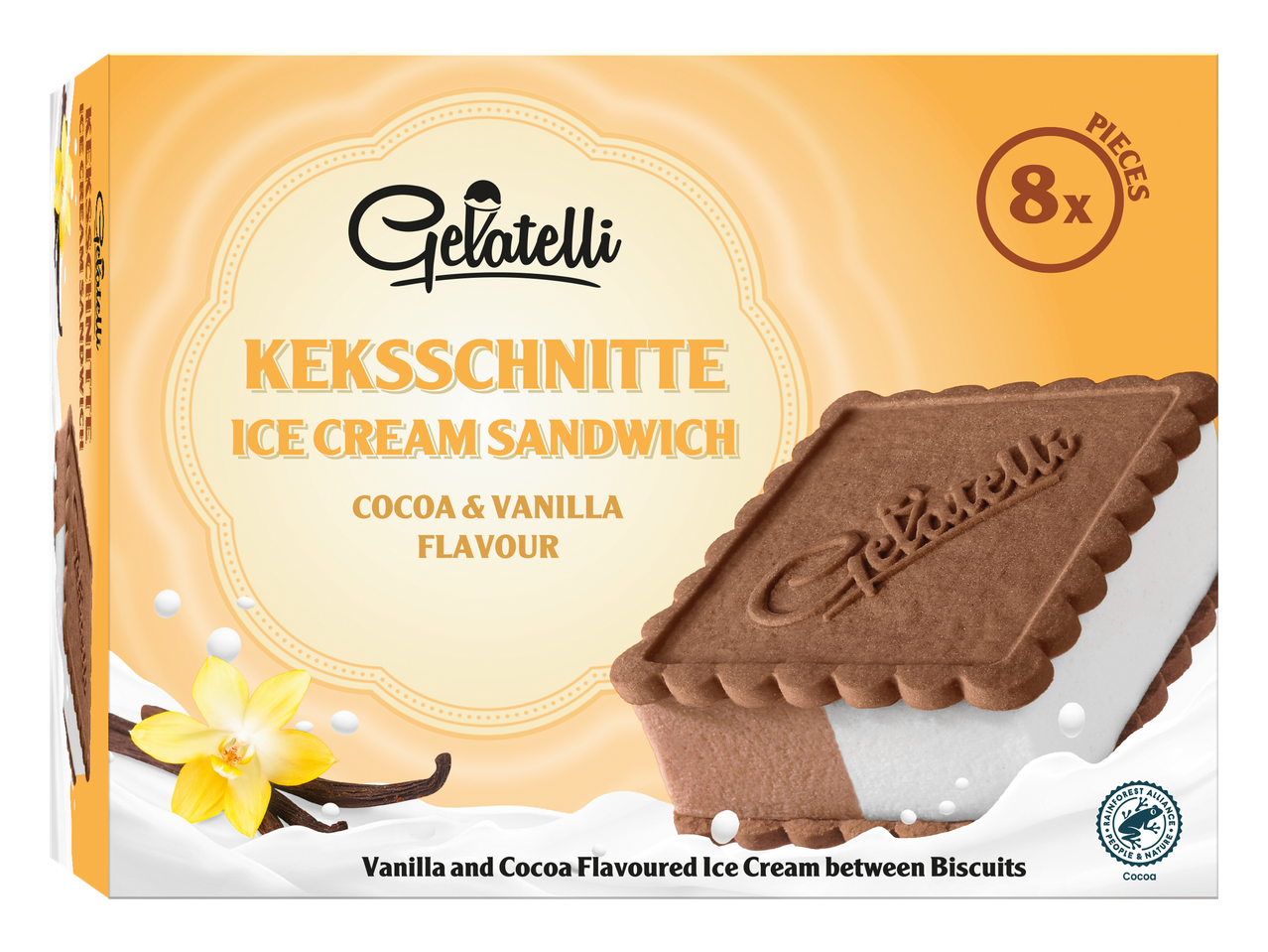 Sanduíches de sorvete Gelatelli Kekschnitte: sabor cacau e baunilha.