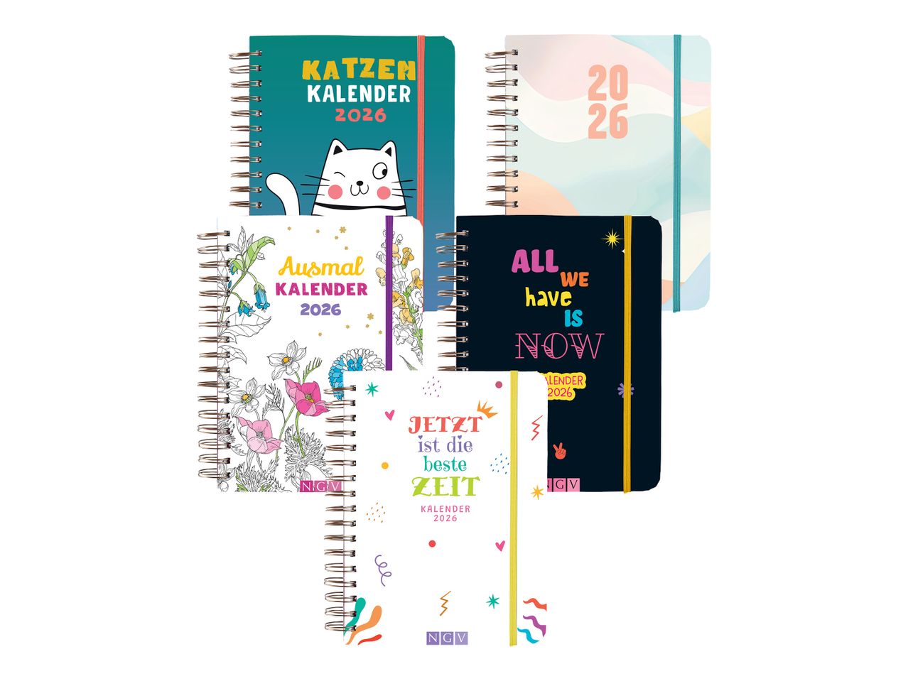 Fünf verschiedene Kalender für 2026, darunter Katzen-, Ausmal- und Motivkalender.