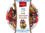 Favorina milk chocolate reindeer in a clear container, wrapped as Christmas figures.