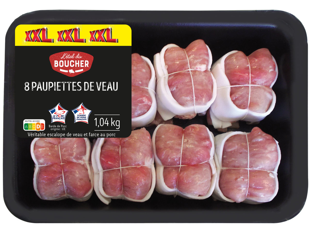 Huit paupiettes de veau, 1,04 kg, avec Nutri-Score B, viande de veau et porc français.