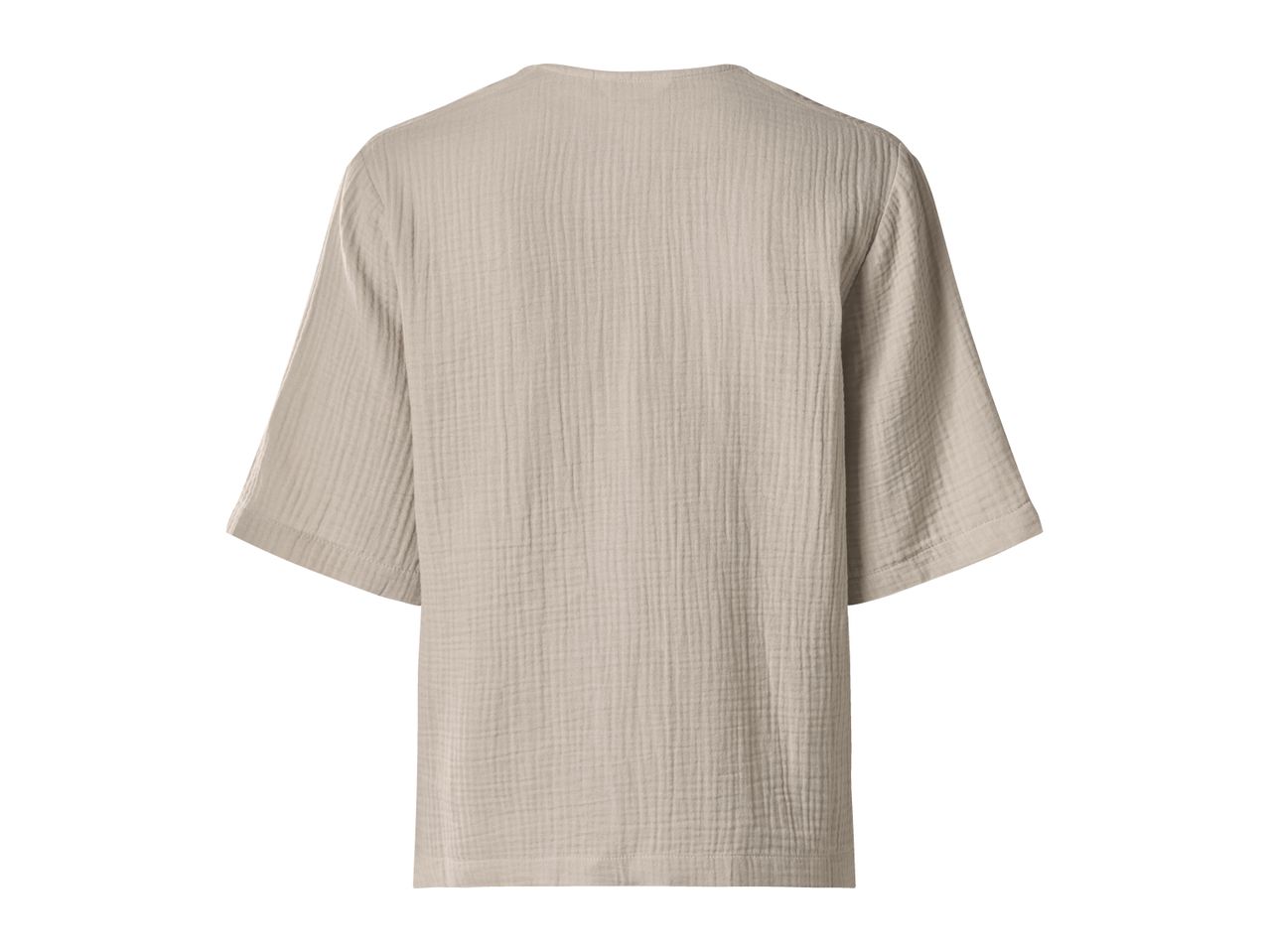 Back view of a beige crinkled cotton short-sleeved top