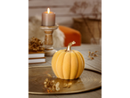A LIVARNO home autumnal decoration featuring a velvet pumpkin on a tray with a lit candle.