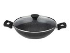 Black wok pan with a speckled non-stick coating and a glass lid, featuring two side handles.