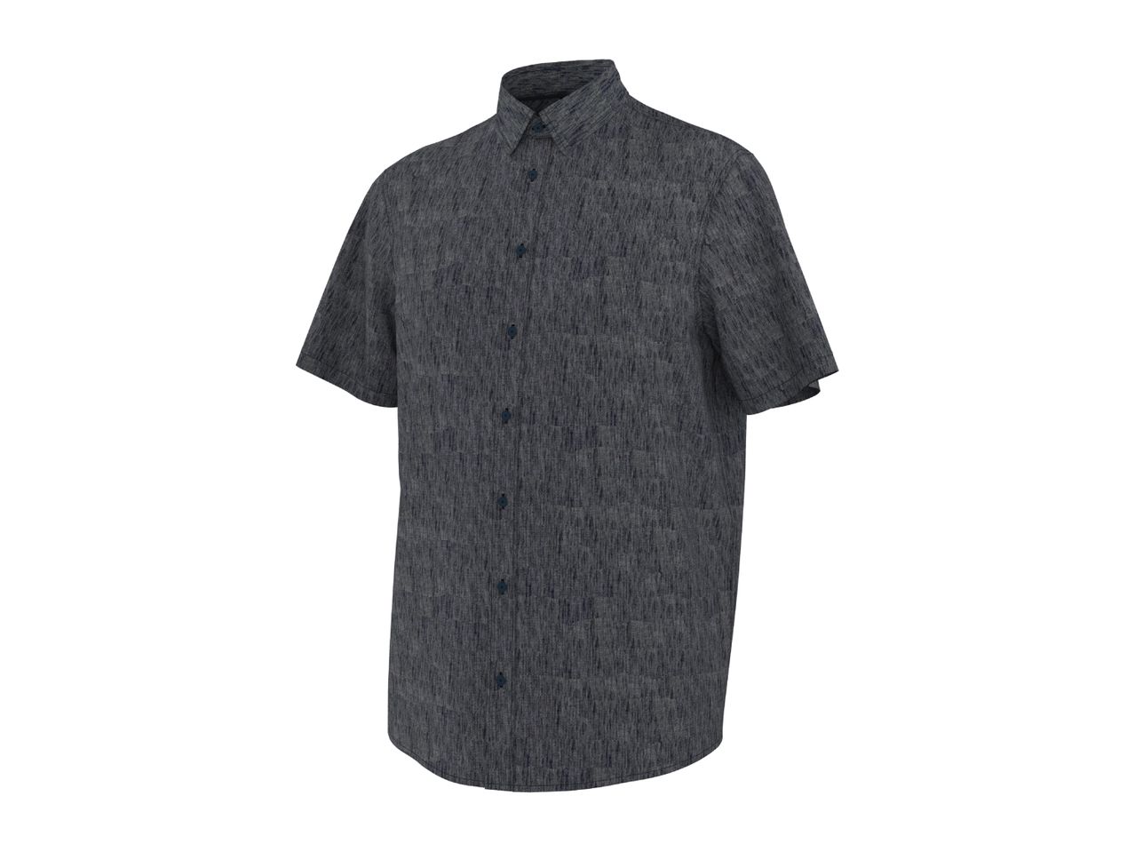 Men's short-sleeved button-up shirt in a dark grey textured fabric.