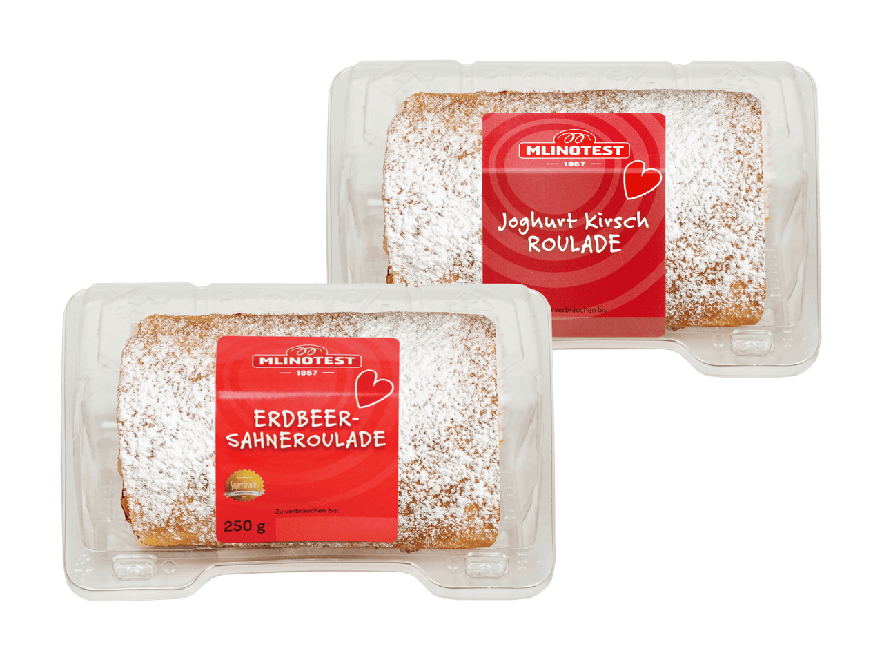 Zwei Rouladen in Plastikverpackungen, eine Erdbeer-Sahneroulade und eine Joghurt-Kirsch-Roulade.
