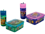 Lancheira e garrafas de água PAW PATROL com tema de dinossauros e cachorros.