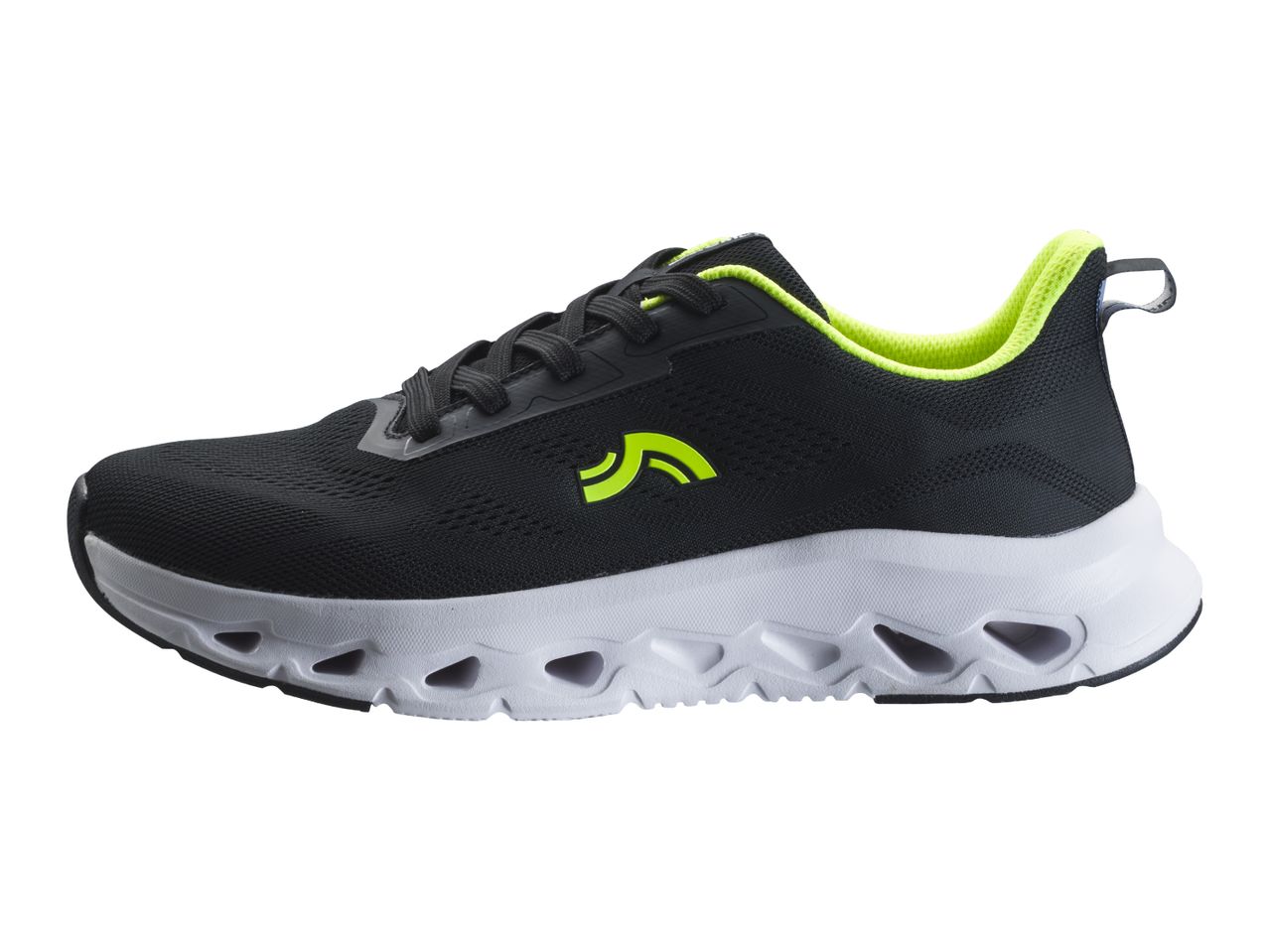Black and neon green athletic shoe with a white sole and cut-out details.