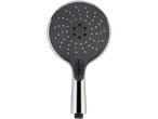 A black and chrome shower head with multiple spray settings.