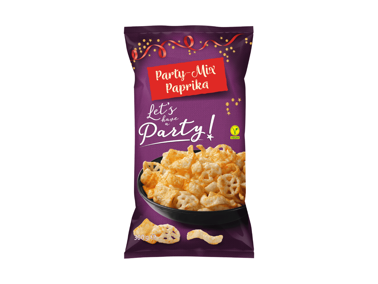 Lila Tüte Party-Mix Paprika Chips mit der Aufschrift „Let's have a Party!“ und Vegan-Siegel.