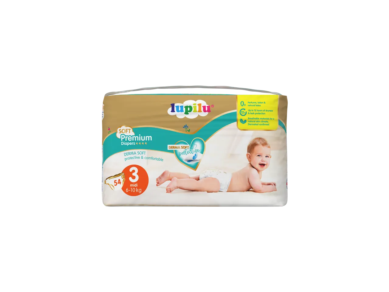 Scutece Lupilu Premium, mărime 3 (6-10 kg): 54 bucăți, Derma Soft.