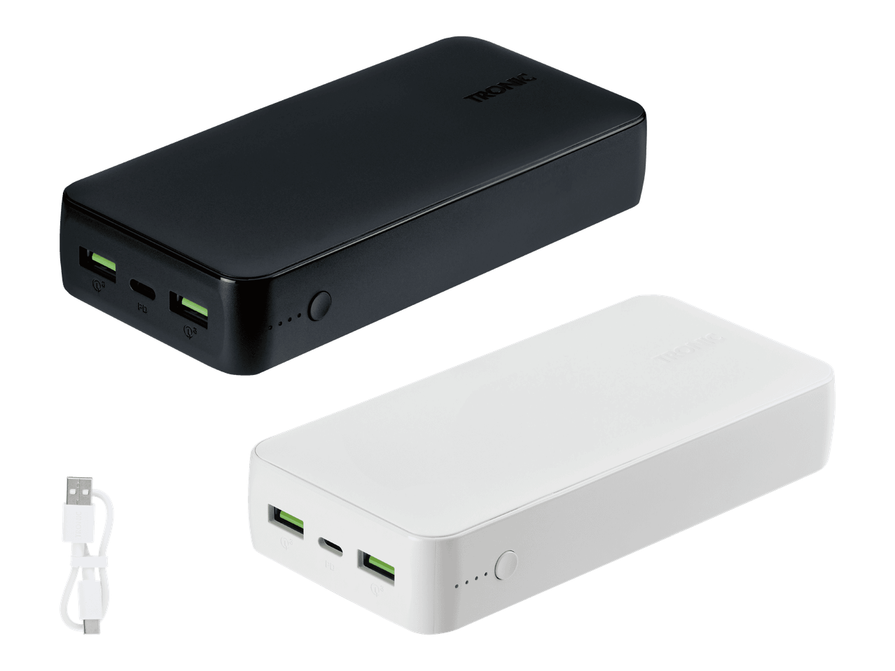 Kaksi Tronici-varavirtalähdettä, toinen musta ja toinen valkoinen, sekä valkoinen USB-kaapeli.