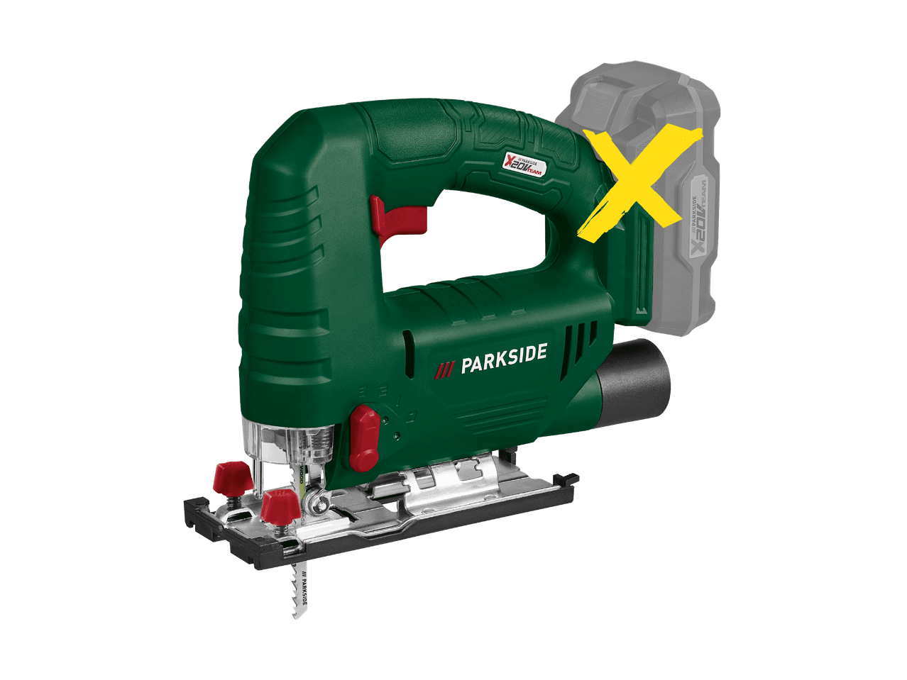 Seghetto alternativo a batteria verde con una X gialla sulla batteria