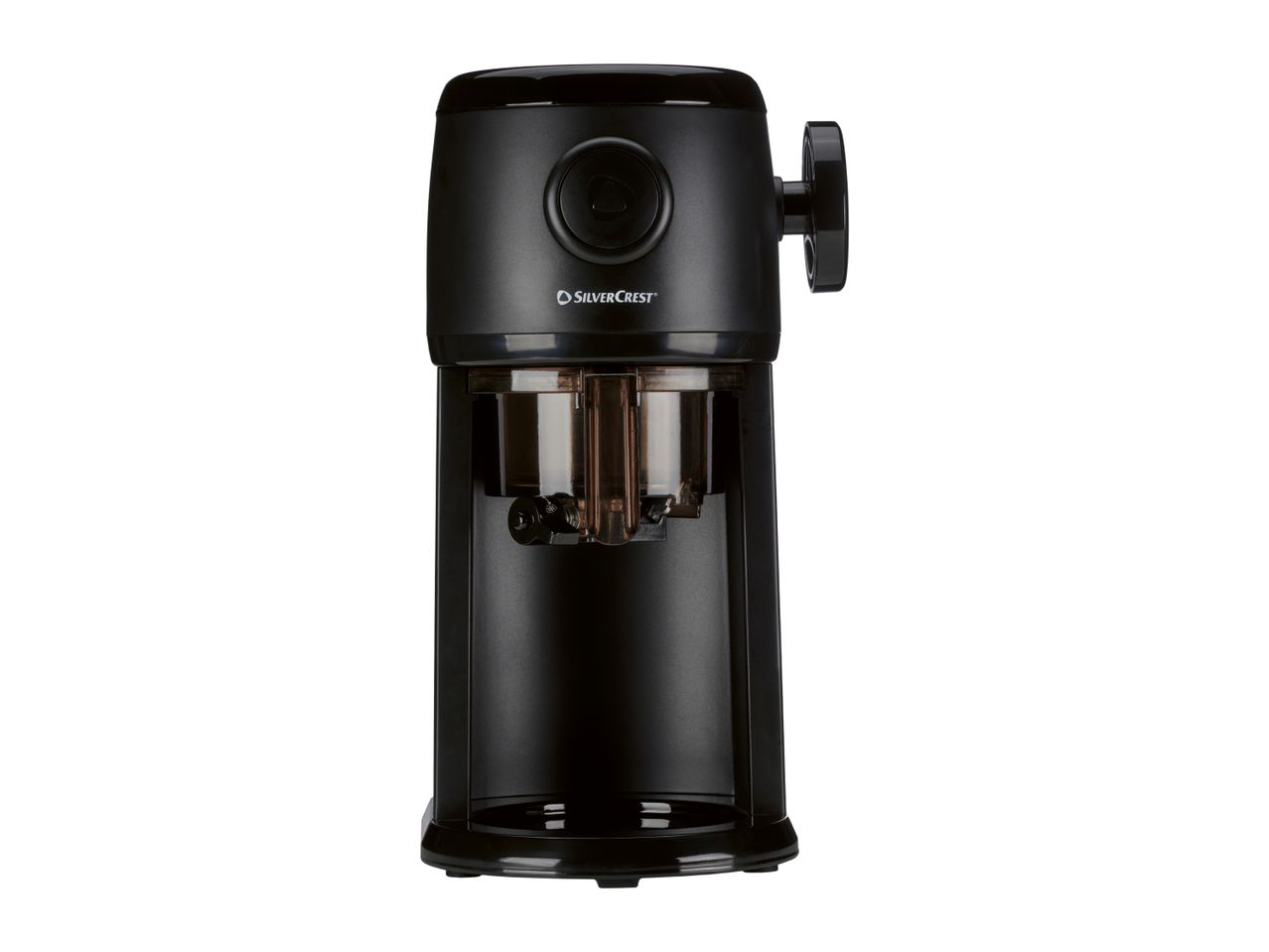Black coffee grinder with a transparent bean hopper and a control knob on the side.