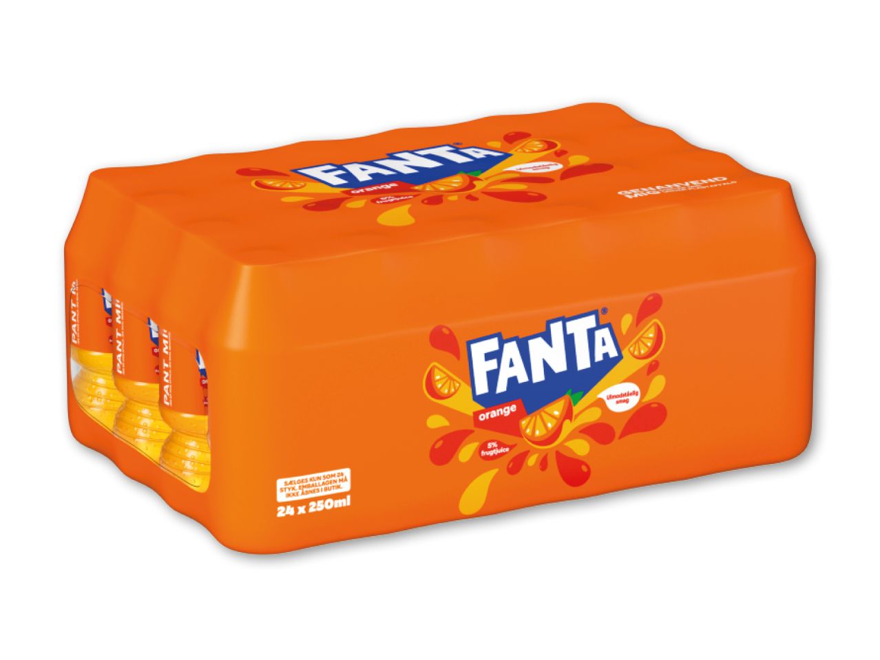 En pakke med 24 orange sodavand, 250 ml hver, med 5% frugtjuice.