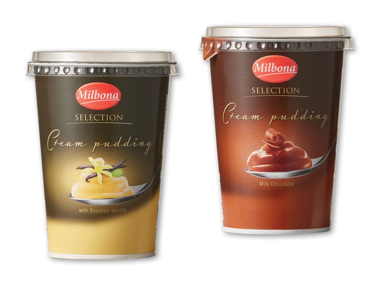 To Milbona Cream Pudding-kopper, en med Bourbon Vanilla og en med Milk Chocolate.