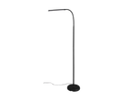Melna grīdas lampa ar izliektu roku un LED gaismu.
