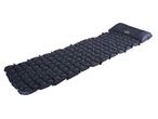 A black inflatable camping mattress with a built-in pillow.