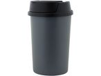 A dark gray travel mug with a black lid.