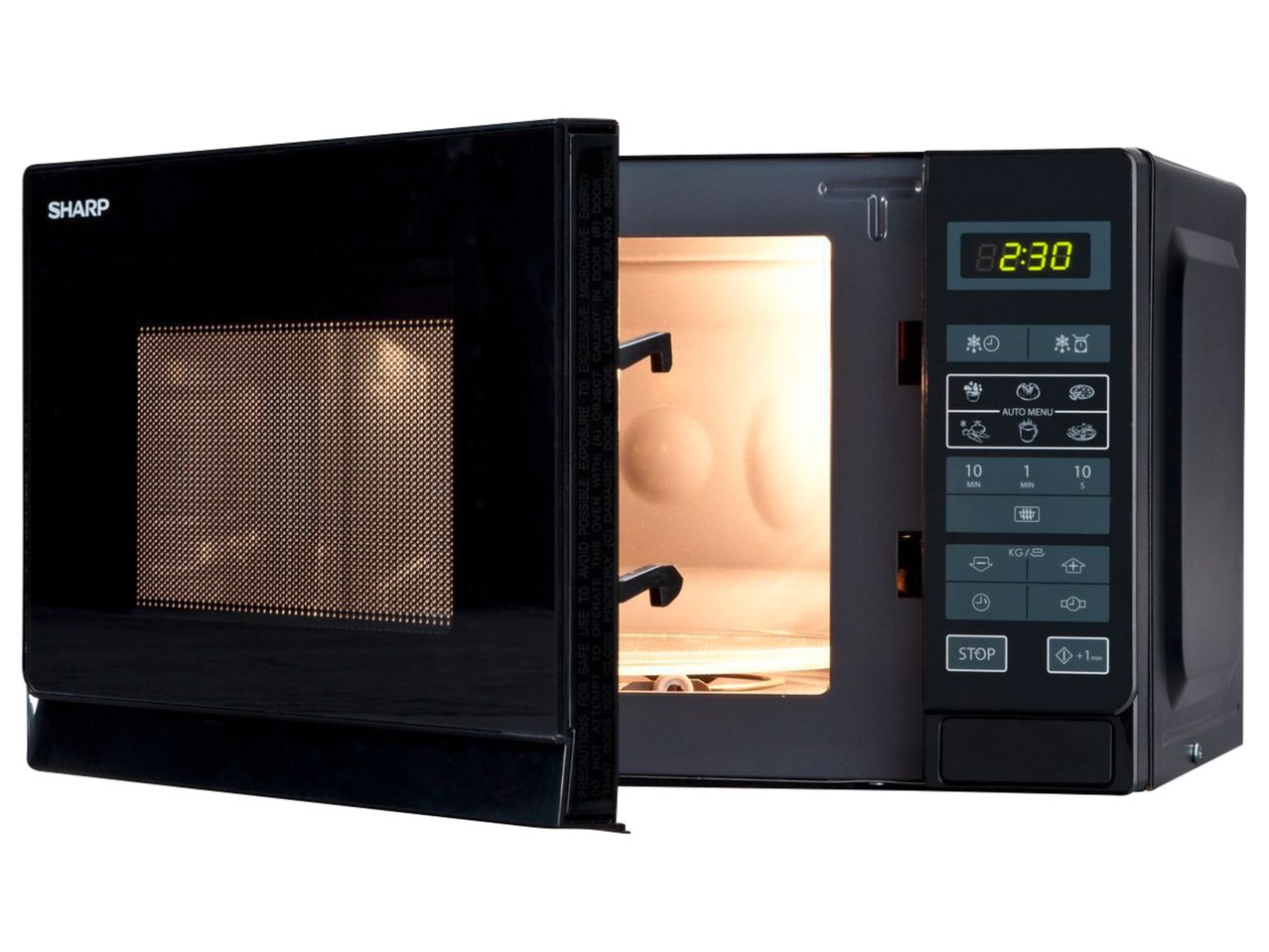 A black Sharp microwave oven with its door open, showcasing the interior.