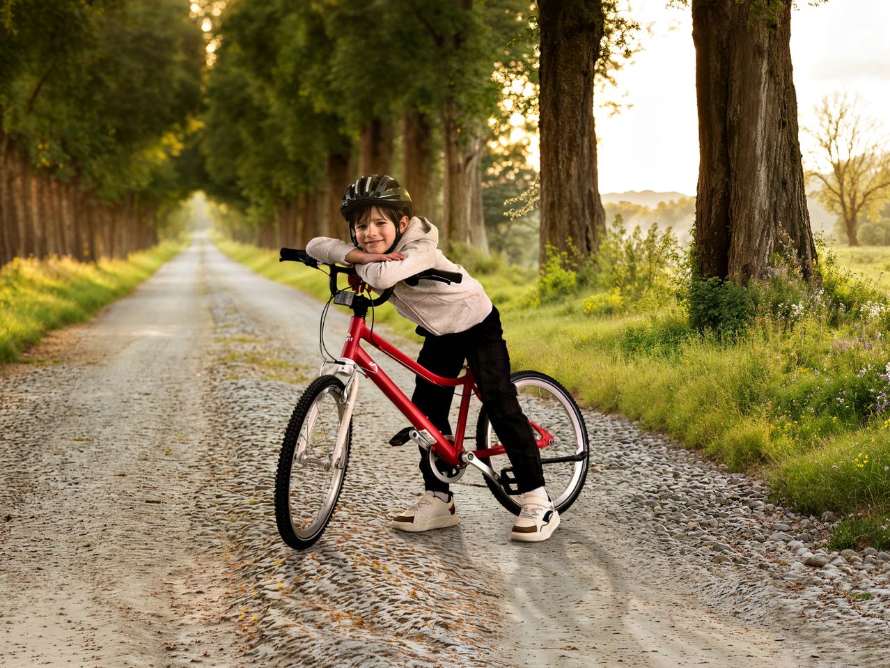 Junge mit Fahrrad auf einem Feldweg, umgeben von Bäumen und Natur.