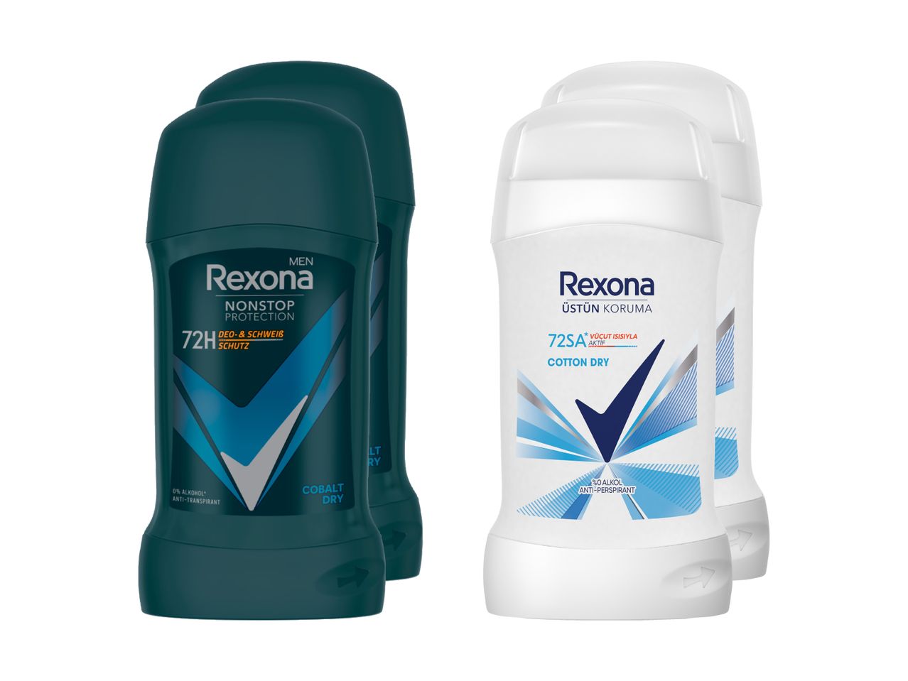 Zwei Packungen Rexona Deodorants, eines für Männer und eines für Frauen.