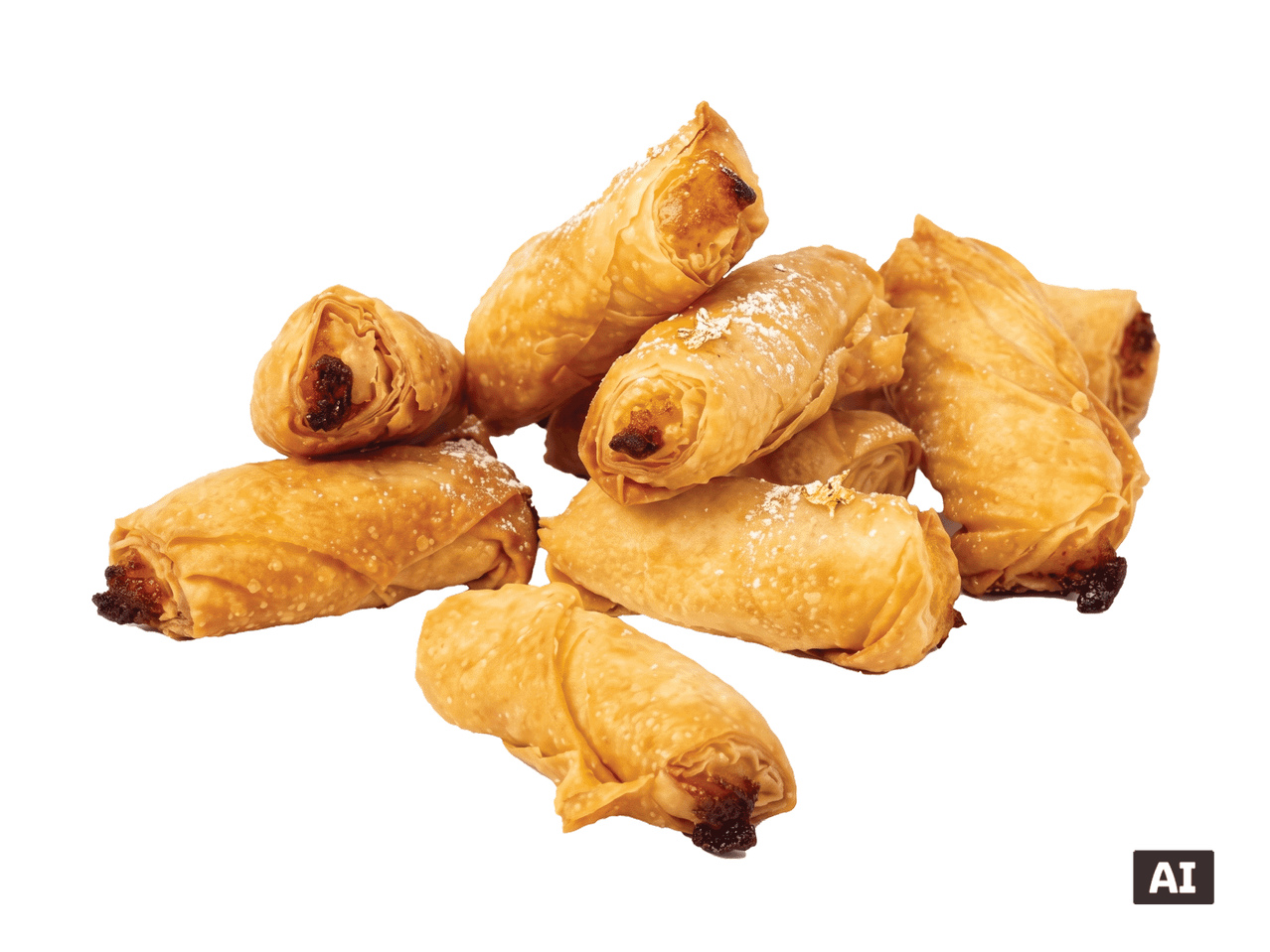 Auksinės, traškios, saldžios, įdarytos tešlos suktinukai, pabarstyti cukraus pudra.
