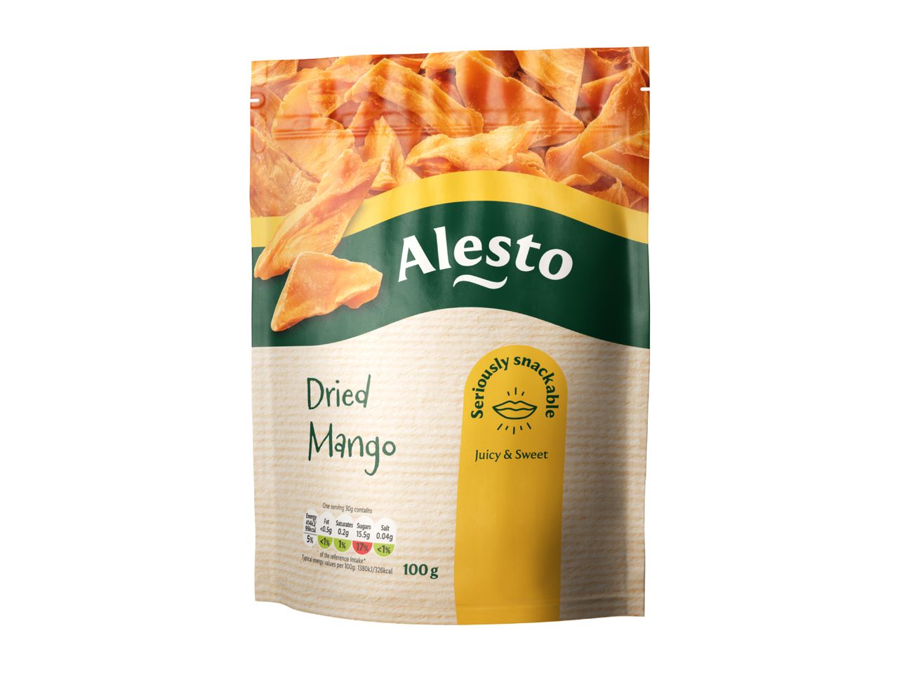 Pouch of dried mango slices, labeled 'Seriously snackable, Juicy & Sweet' with nutritional information.