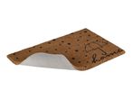A brown coir doormat with black polka dots and a black outline of an umbrella and the word 'home'.