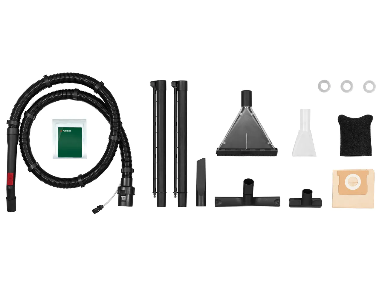 A set of vacuum cleaner accessories, including hoses, extension tubes, nozzles, filters, and a dust bag.