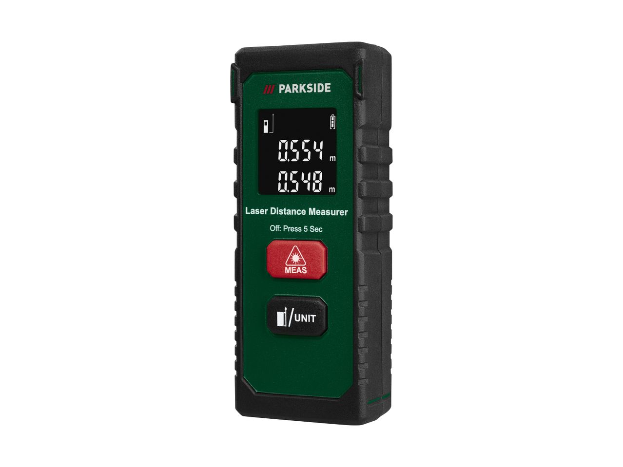 A laser distance measurer displaying measurements of 0.554m and 0.548m, with buttons for measure and unit selection.