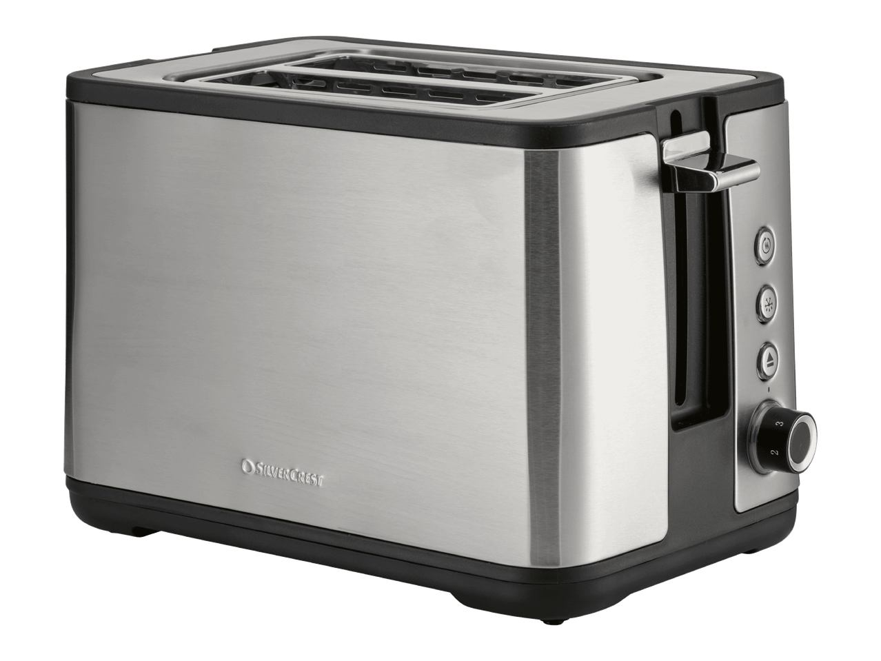 Hopeanvärinen SilverCrest-leivänpaahdin, jossa on kaksi paikkaa ja mustat yksityiskohdat.