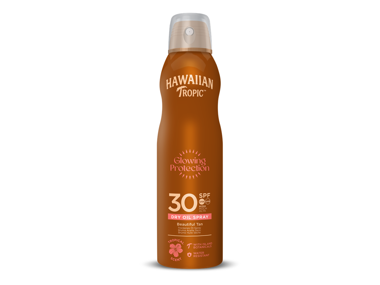 Een bruine fles droge olie spray met SPF 30 voor een mooie, stralende bescherming.