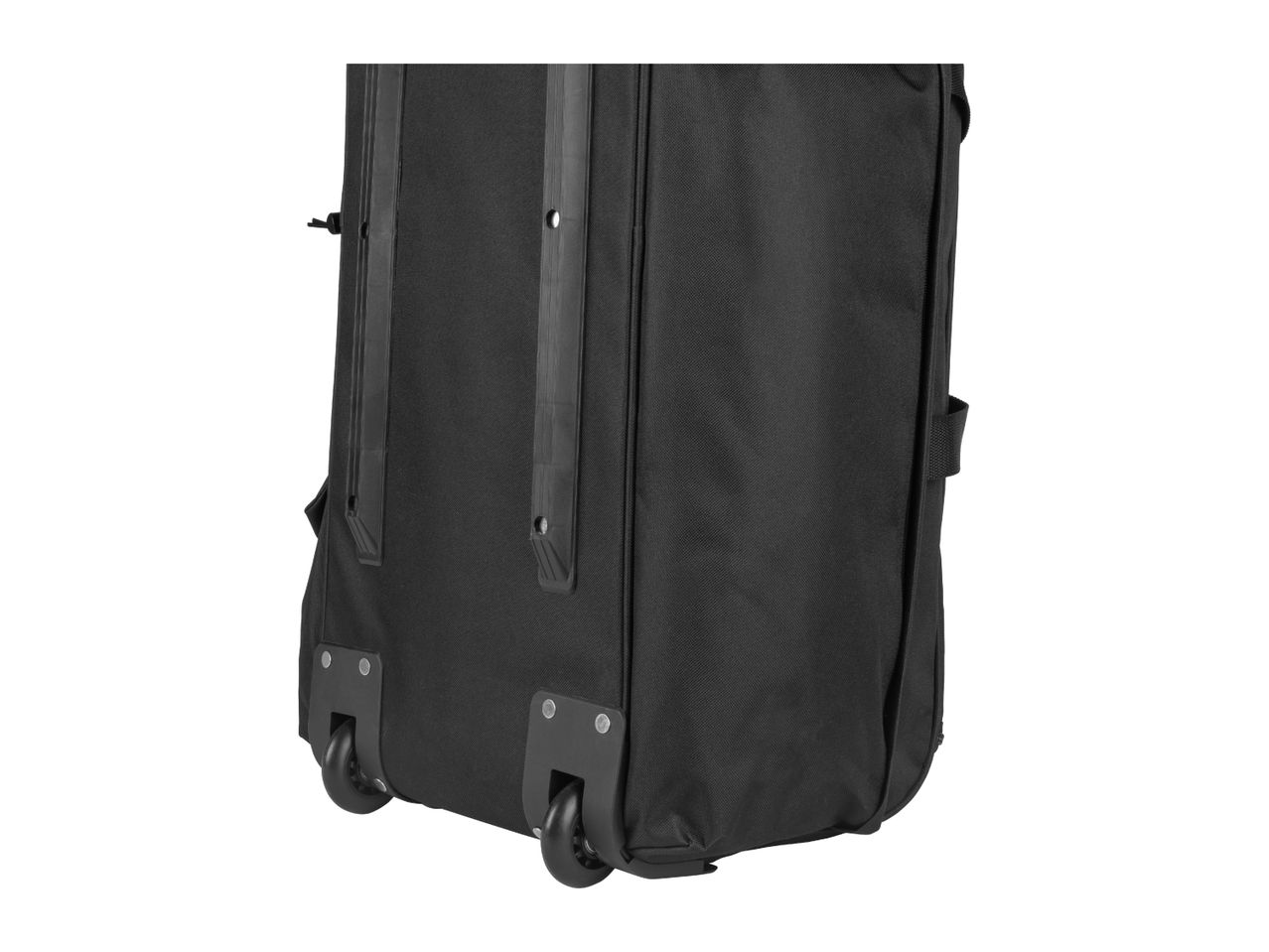 Close-up of the bottom and wheels of a black soft-sided suitcase.