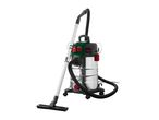 Wet and dry vacuum cleaner with a stainless steel tank, hose, and floor nozzle.