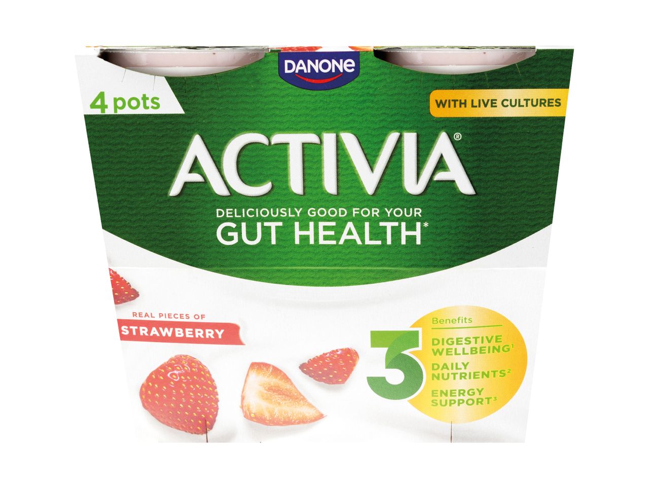 Four-pack of strawberry yogurt with text highlighting gut health benefits and real fruit pieces.