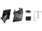 Parkside Performance® petrol lawnmower parts: two black plastic covers, a small black box, and two metal wrenches.