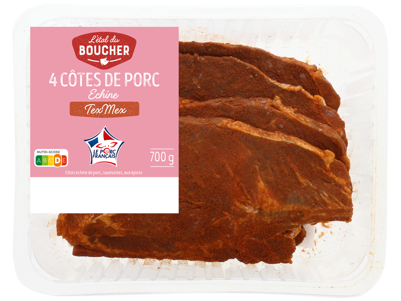4 côtes de porc échine Tex Mex, 700g, Nutri-Score D