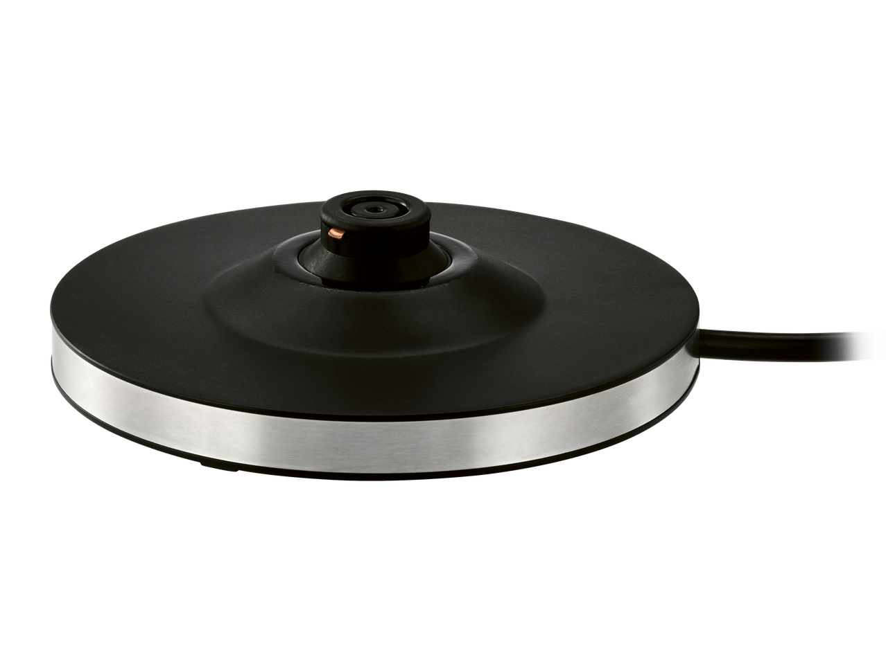 Fekete alap Silvercrest® üveg elektromos vízforralóhoz rozsdamentes acél peremmel.