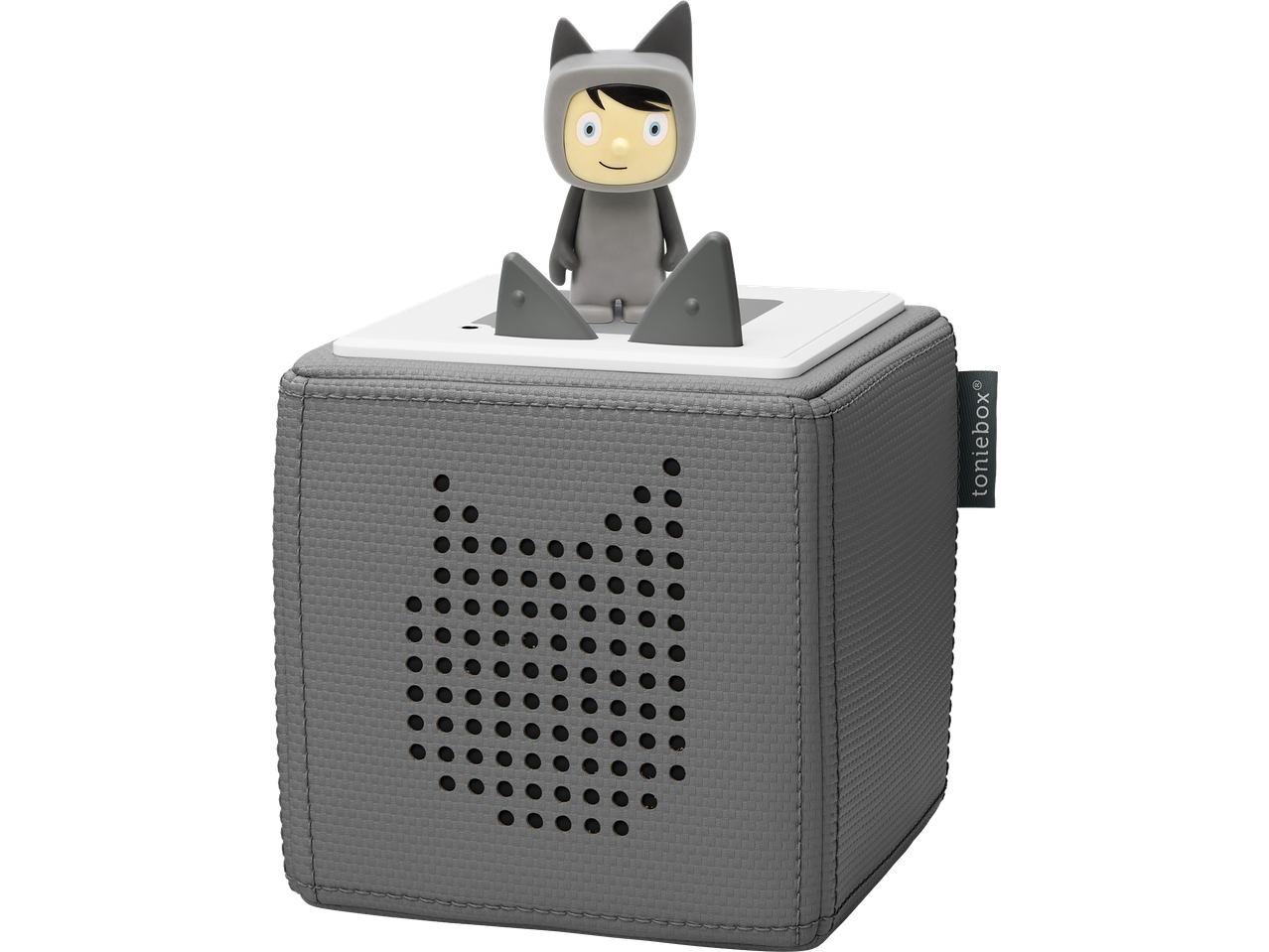 Grey Toniebox Starterset with a cat-eared character figurine on top.