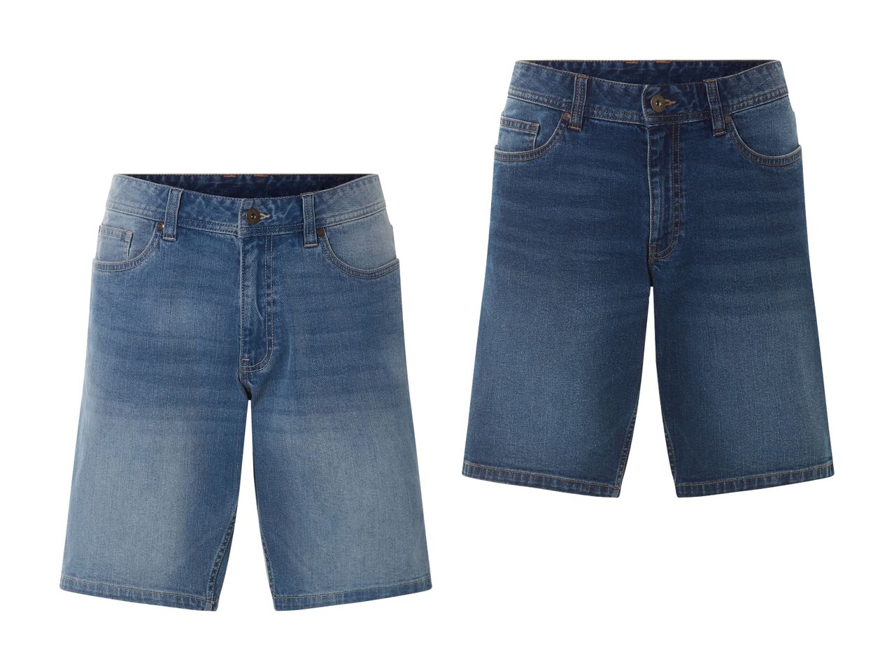 Zwei Jeans-Shorts, eine dunkelblau und eine hellblau, werden auf weißem Hintergrund gezeigt.