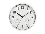 Et hvidt vægur med indbygget termometer og hygrometer.